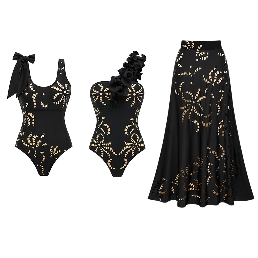 Bow-detailed Black Laser Cutting Flower Swimsuit Set(s)	