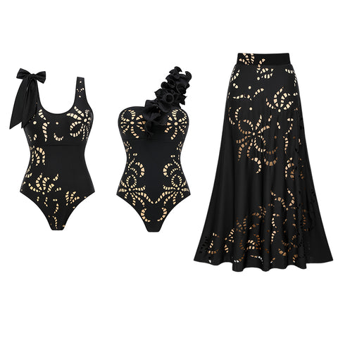 One Shoulder Ruffle Black Laser Cutting Flower Swimsuit Set(s)	