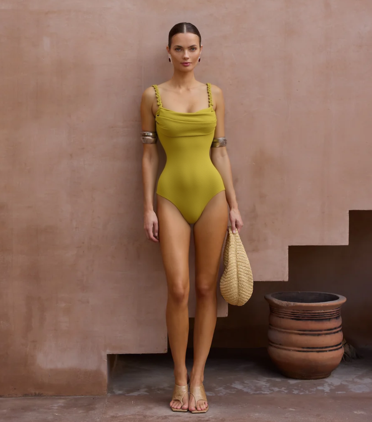 Yellow Green Solid Color Weave Swimsuit Set(s)	