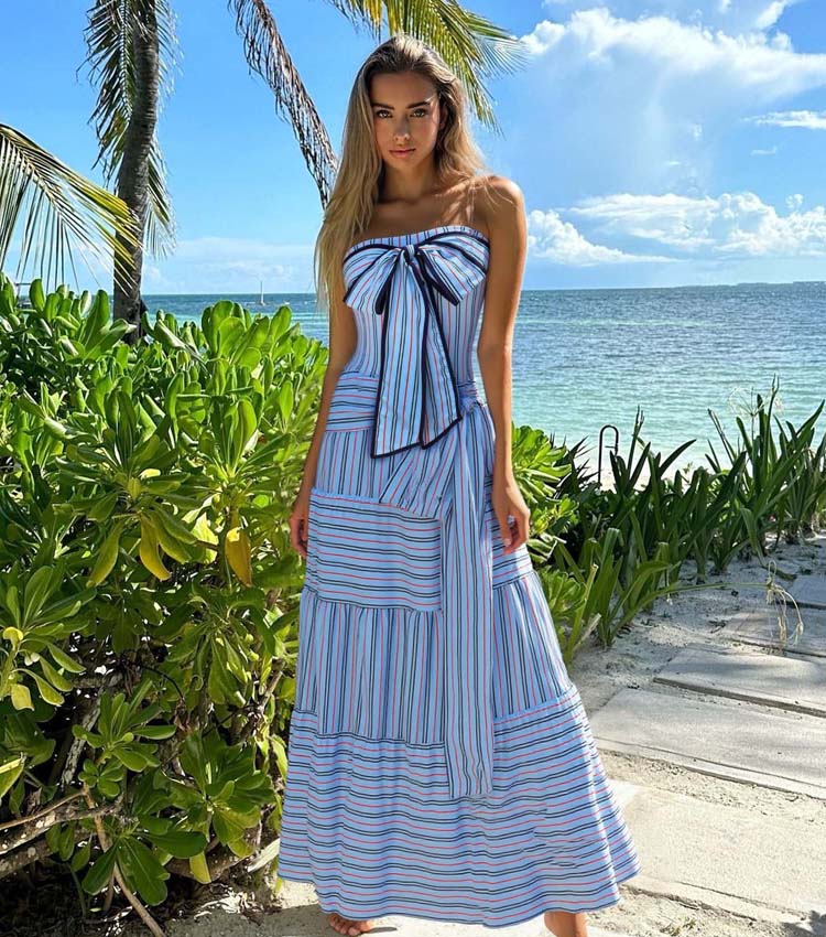 Multi-Way Striped Bowknot One Piece Swimsuit and Skirt	