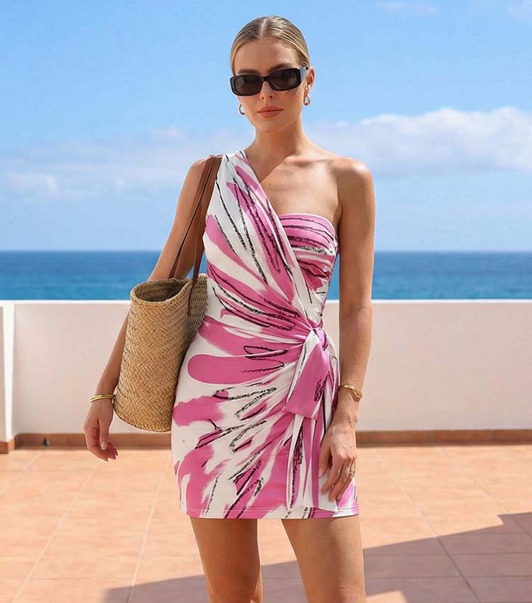 One Shoulder Printed Frilled One Piece Swimsuit and Skirt	