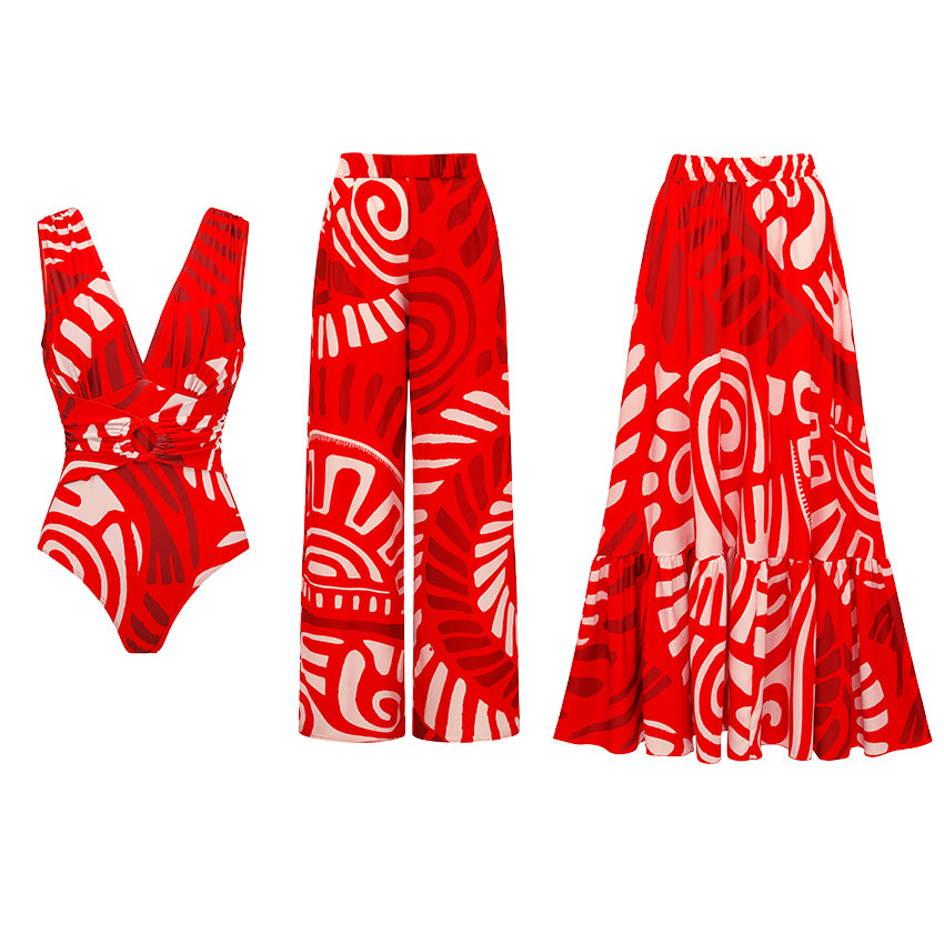 V Neck Red Ring Decorate Printed Swimsuit Set(s)	