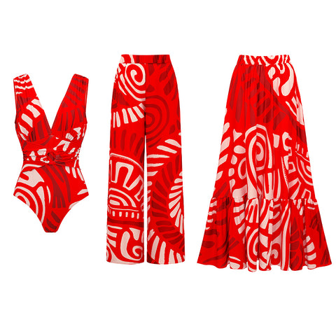V Neck Red Ring Decorate Printed Swimsuit Set(s)	