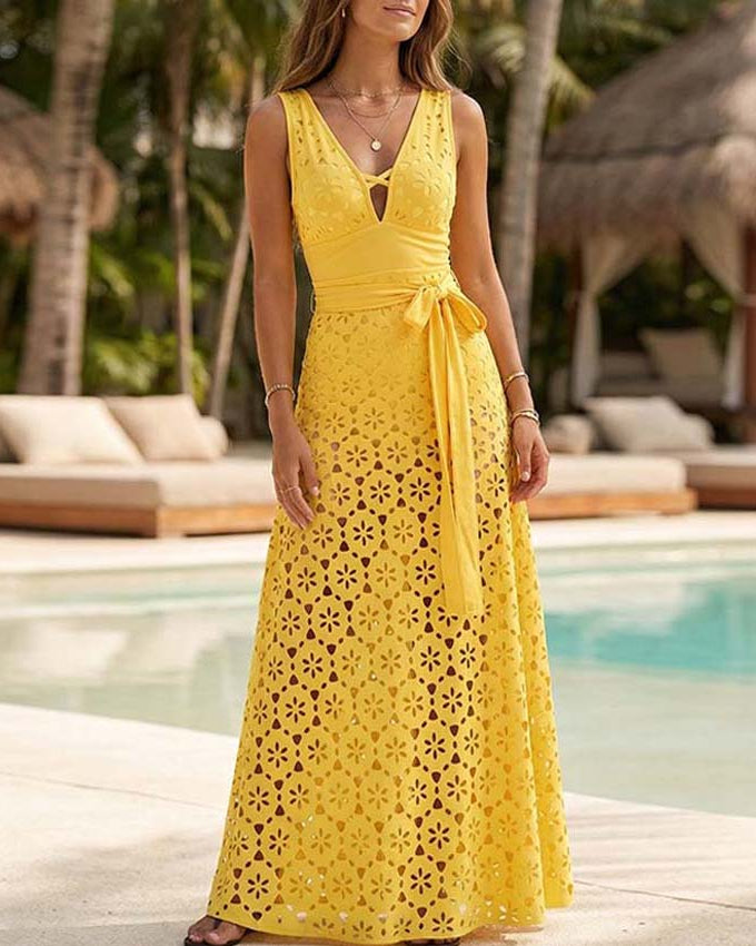 Yellow Color Laser Cutting Flower Hollow One Piece Swimsuit and Skirt	