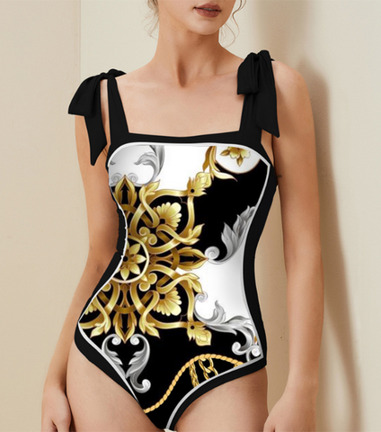 Reversible Tie-shoulder One Piece Swimsuit and Sarong