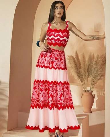 Red Wavy Stripes Printed Bikini Swimsuit and Skirt