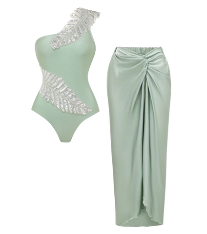 One Shoulder Sequin Leaf Embroidery One Piece Swimsuit and sarong