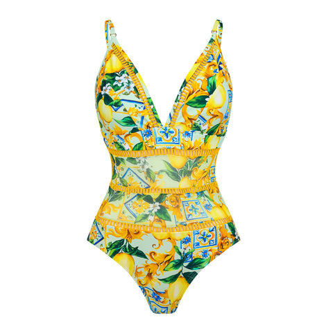 V Neck Blue Mediterranean Print One Piece Swimsuit and Mesh Splicing Skirt