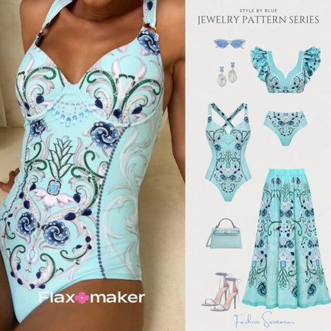 Sling Blue Jewelry Series Pattern Print One Piece Swimsuit and Skirt or Sarong	