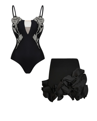 Rhinestones Flower Decor One Piece Swimsuit and Skirt