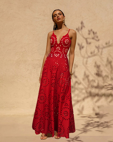 Red Laser Cutting Flower Hollow One Piece Swimsuit and Skirt