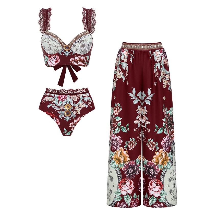 Lace Decoration Peony Print Swimsuit Set(s)	