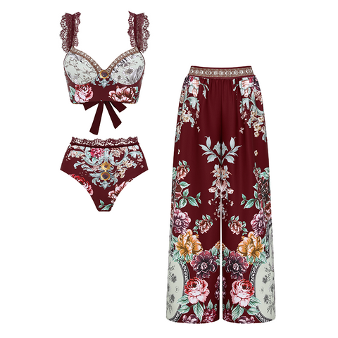 Lace Decoration Peony Print Swimsuit Set(s)	