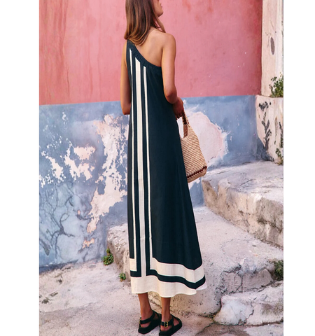One Shoulder Color Block Striped Maxi Dress