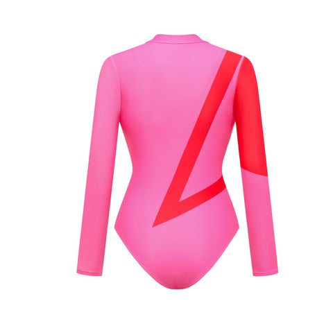 Color Block Long Sleeve Zip Front One Piece Swimsuit and sarong