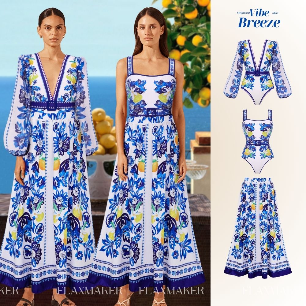 Sling Lemon and Creative Pattern Print One Piece Swimsuit and Skirt	