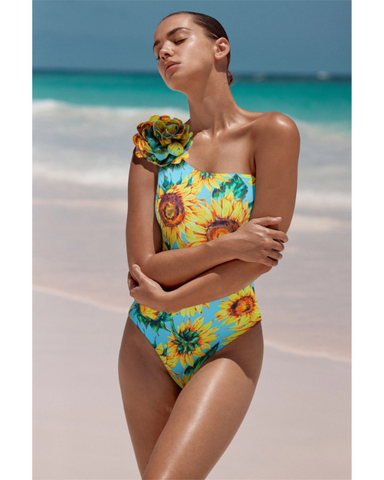 3D Sunflower Print One Shoulder One Piece Swimsuit and Skirt