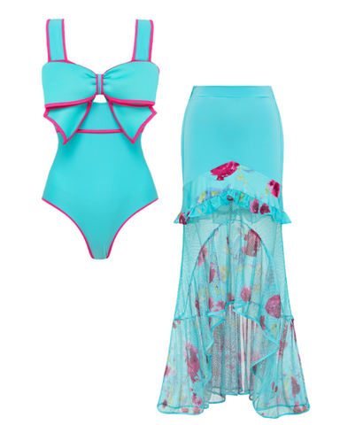 Bow Decor Blue and Pink One Piece Swimsuit and Skirt