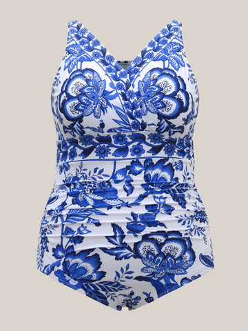 Vibecurve® Two-Piece Floral Print Ruched Mesh Swimsuit, Sarong	