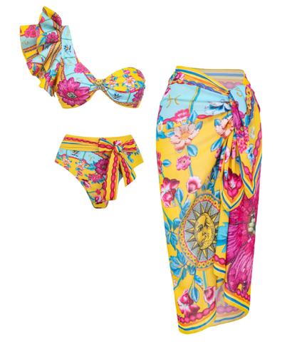 Constellation Flower Print Ruffled Bikini Swimsuit and Sarong	