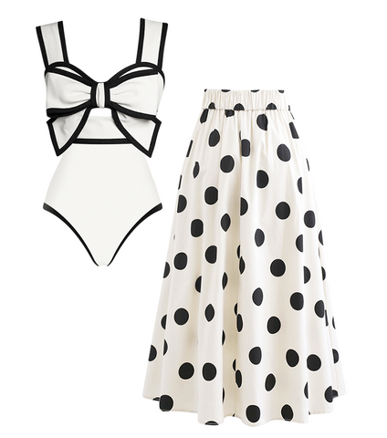 Bow Front Cutout Black and White One Piece Swimsuit and Skirt