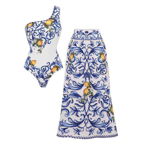 One Shoulder Lemon Printed Swimsuit Set(s)	
