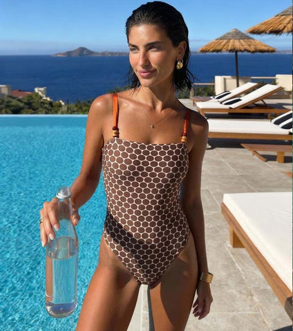 Reversible Graphic Printed Beaded One Piece Swimsuit and Sarong