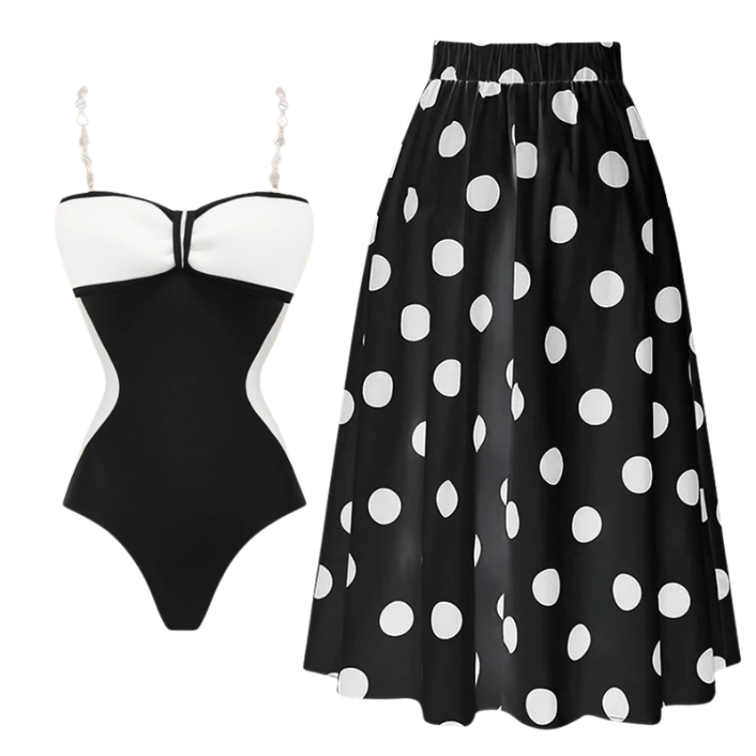 Black and White Bow Decor One Piece Swimsuit and Skirt