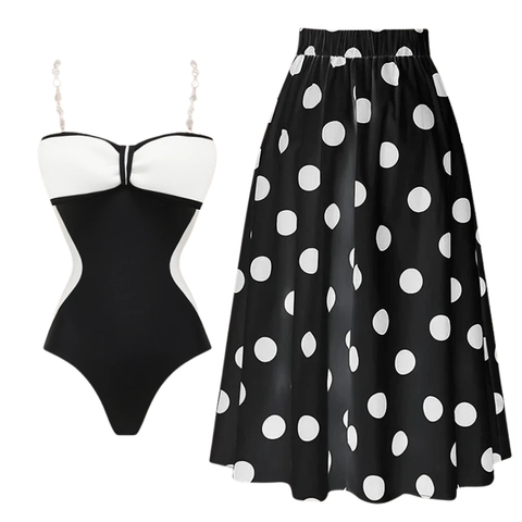 Black and White Bow Decor One Piece Swimsuit and Skirt