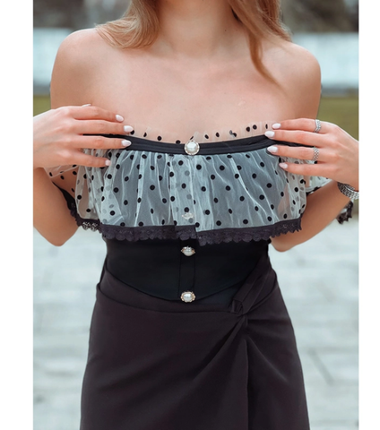 Off Shoulder Ruffle Dot Printed One Piece Swimsuit and Skirt