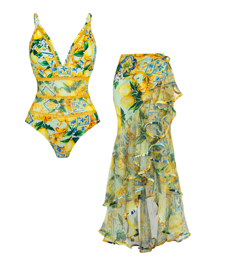 V Neck Blue Mediterranean Print One Piece Swimsuit and Mesh Splicing Skirt
