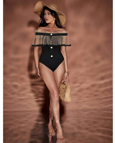 Off Shoulder Ruffle Dot Printed One Piece Swimsuit and Skirt