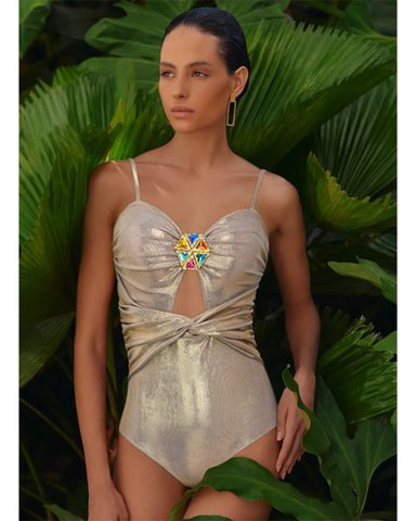 Stone Decoration Shiny One Piece Swimsuit and Skirt