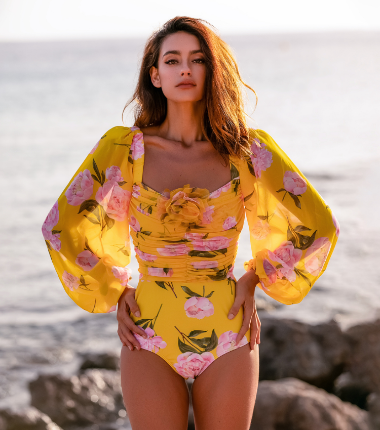 3D Flower Shirring Printed Chiffon Long Sleeves One Piece Swimsuit and Skirt	