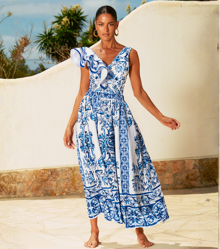 Ruffle V Neck Blue and White Porcelain Majolica Pattern Print One Piece Swimsuit and Skirt or Sarong	