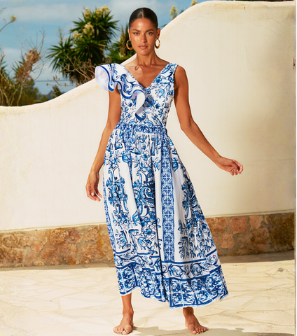 Ruffle V Neck Blue and White Porcelain Majolica Pattern Print One Piece Swimsuit and Skirt or Sarong	