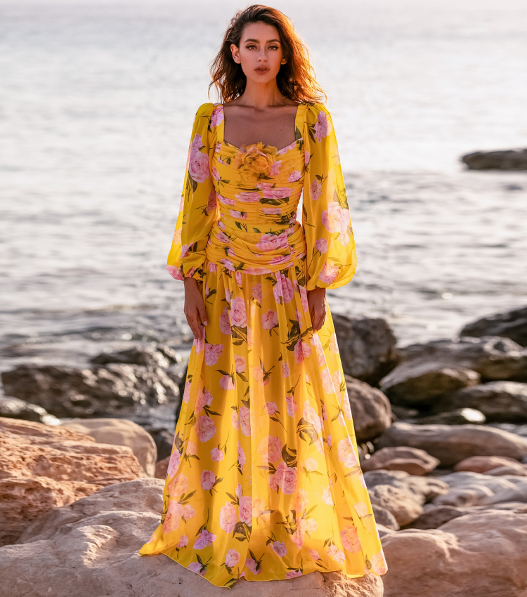 3D Flower Shirring Printed Chiffon Long Sleeves One Piece Swimsuit and Skirt	