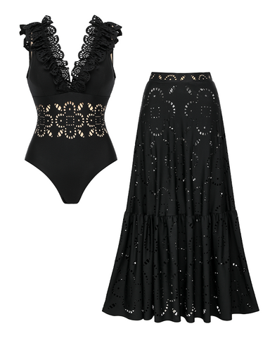 Ruffle Black Laser Cutting Flower Hollow Swimsuit Set(s)	