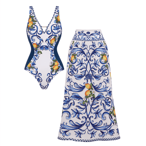 V Neck Lemon Printed Swimsuit Set(s)	