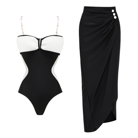 Black and White Bow Decor One Piece Swimsuit and Skirt