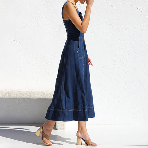 Buttons Sling  Dark Blue Denim Dress