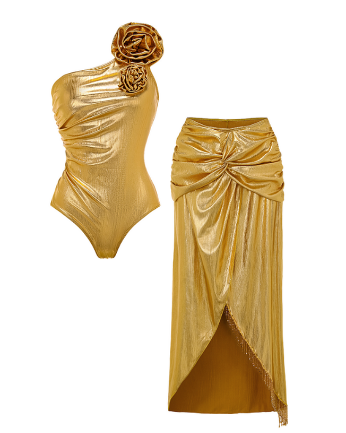 3D Flower Golden Fabric One Piece Swimsuit and Skirt