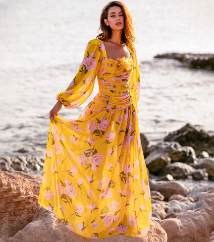 3D Flower Shirring Printed Chiffon Long Sleeves One Piece Swimsuit and Skirt	