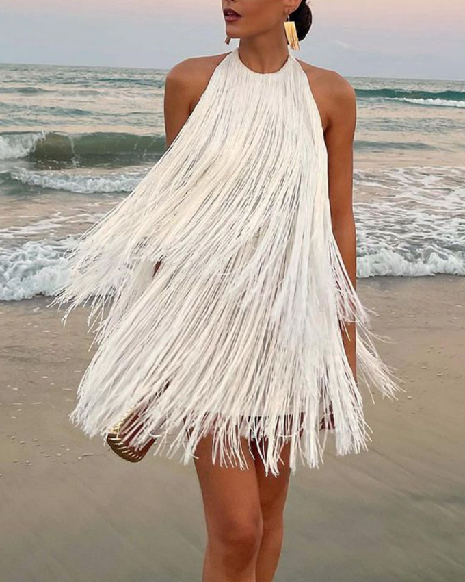 Backless Halter Tassel Mini Dress