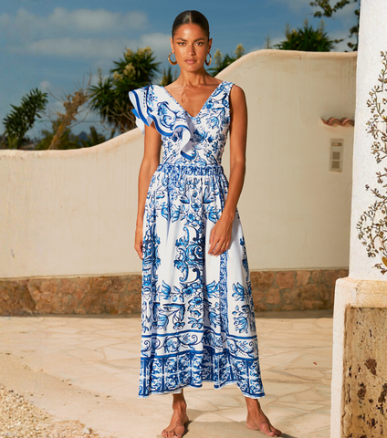 Ruffle V Neck Blue and White Porcelain Majolica Pattern Print One Piece Swimsuit and Skirt or Sarong	