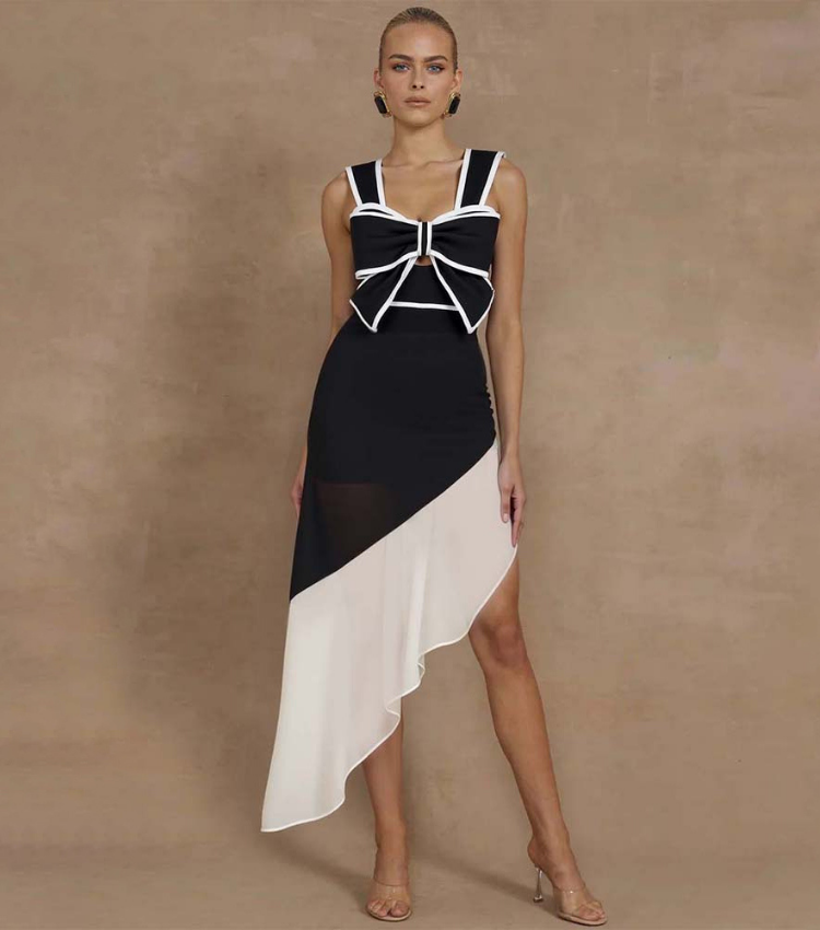 Black and White Bow Decor One Piece Swimsuit and Skirt Flaxmaker	