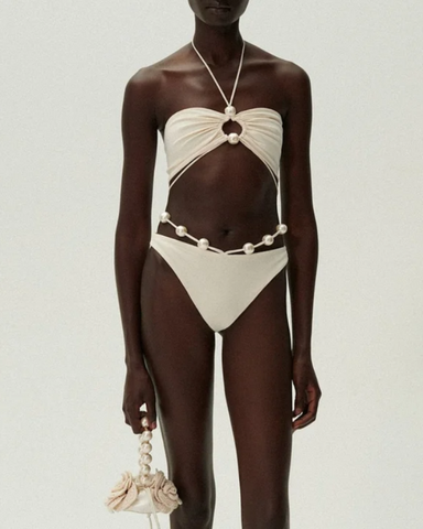 Halterneck Pearl Bandeau High Waist Bikini Swimsuit and Sarong