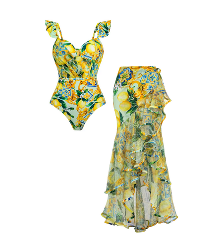 Ruffle Starp Push Up Lemon Print One Piece Swimsuit and Mesh Panel Sarong