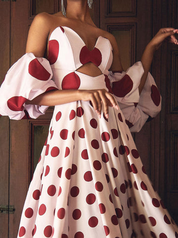 Bandeau Puff Sleeve Polka Dot Printed Dress