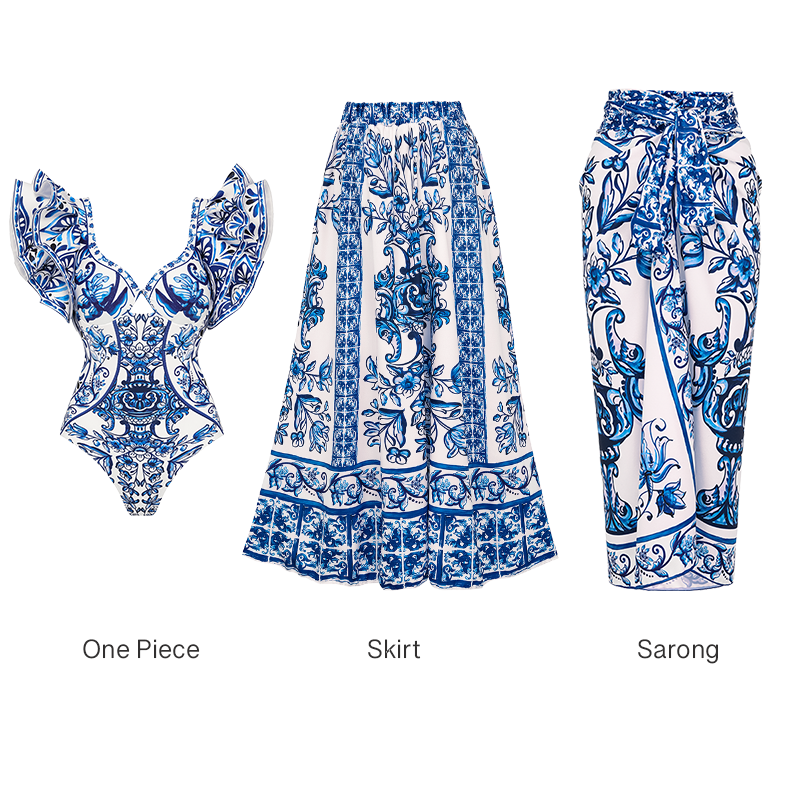 Ruffle Blue and White Porcelain Pattern Majolica Print One Piece Swimsuit and Skirt or Sarong	